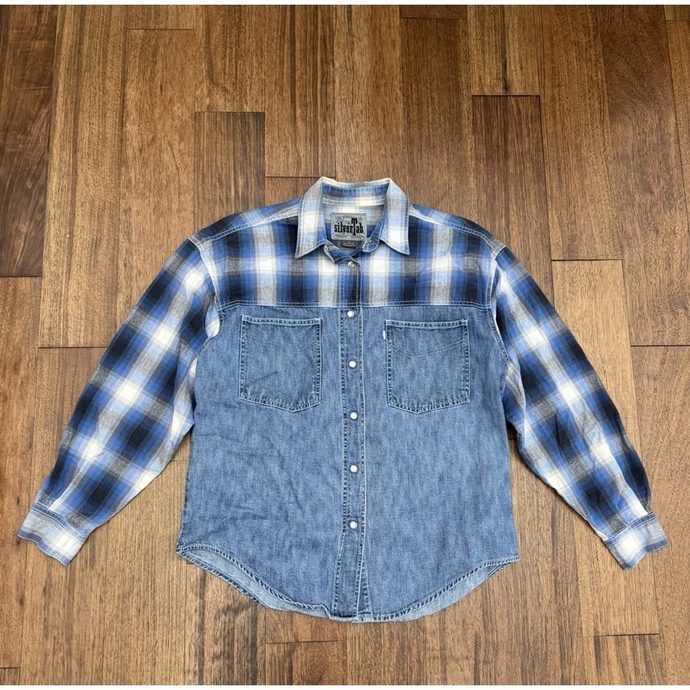 Levi Strauss Co Silver Tab Mens Medium Denim & Plaid Western Shirt Pearl Snap